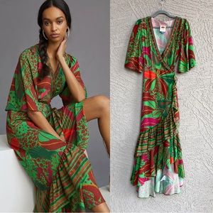 ANTHROPOLOGIE FARM RIO Green Red Tropical Floral Flutter Sleeve Maxi Wrap Dress